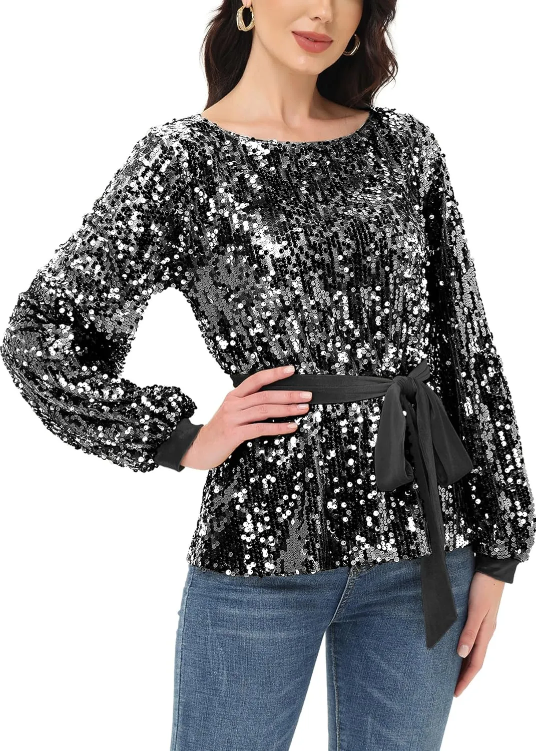 Anna-Kaci Long Sleeve Sequin Crew Neck Fashion Pullovers Sweatshirt Evening Party,