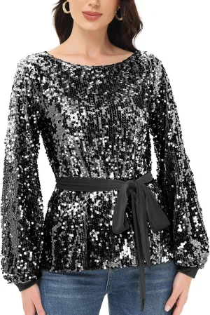 Anna-Kaci Long Sleeve Sequin Crew Neck Fashion Pullovers Sweatshirt Evening Party,