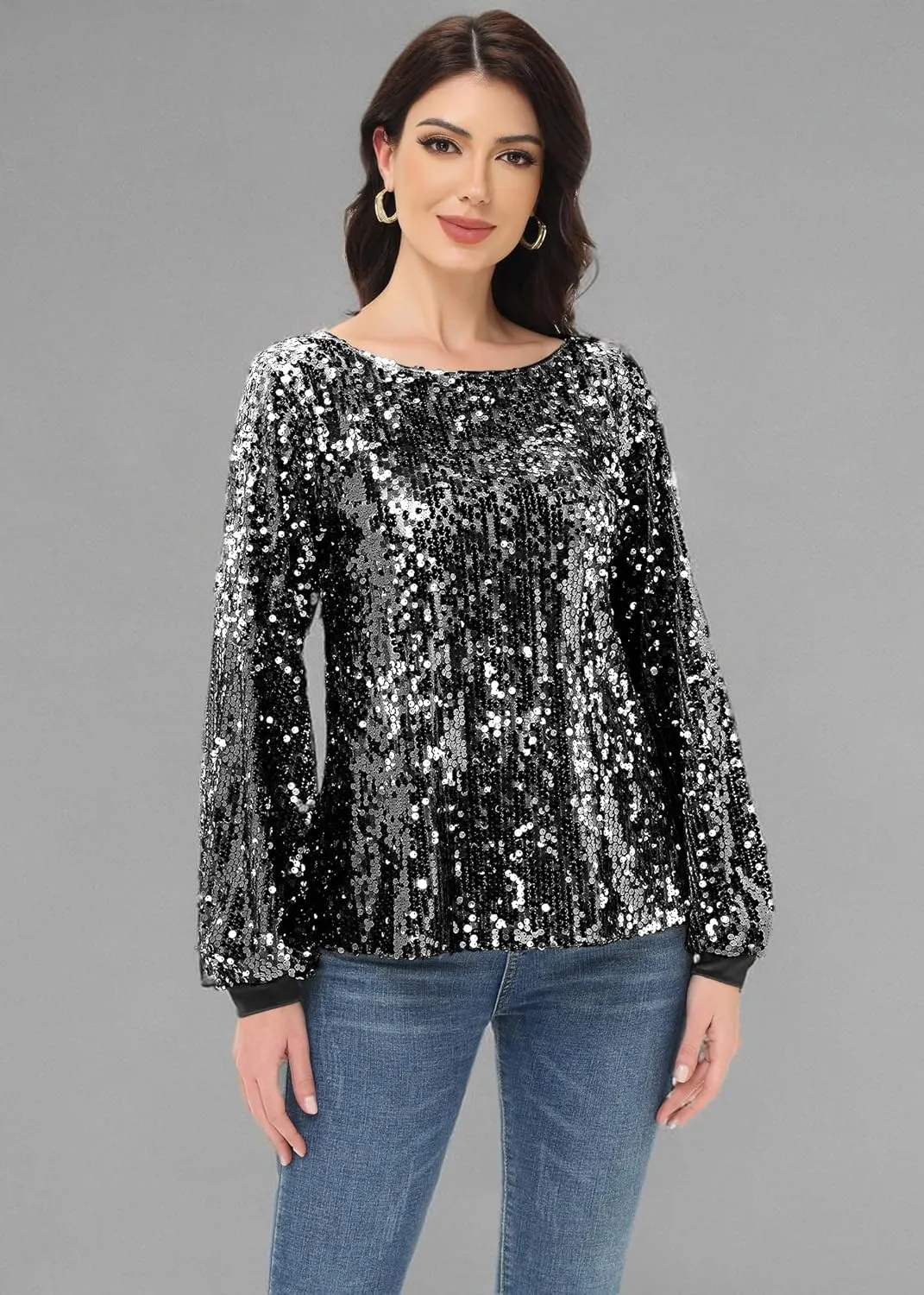 Anna-Kaci Long Sleeve Sequin Crew Neck Fashion Pullovers Sweatshirt Evening Party,