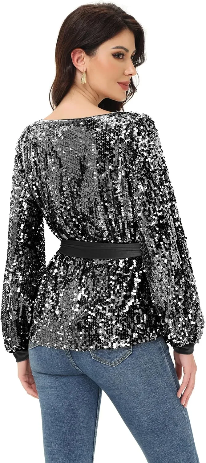 Anna-Kaci Long Sleeve Sequin Crew Neck Fashion Pullovers Sweatshirt Evening Party,
