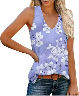 Boho Floral Tank Top for Women Sleeveless V Neck Summer Casual Loose Fit Printed Camisole Blouse with Side Split