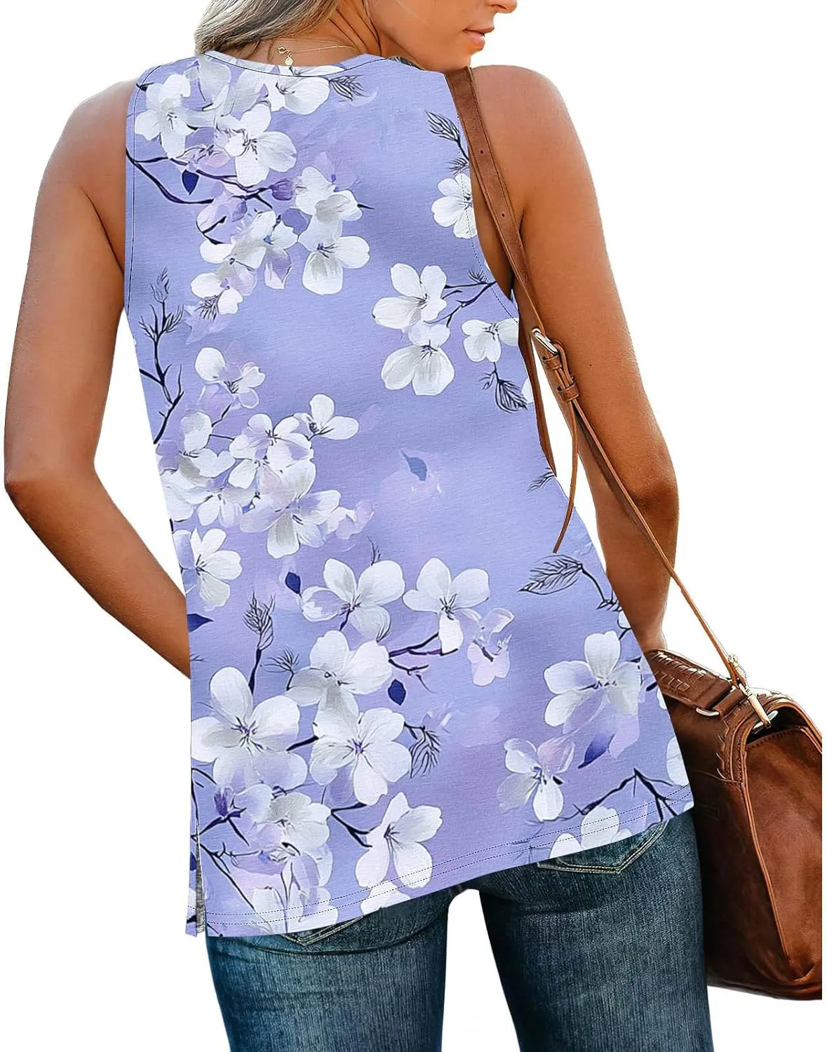 Boho Floral Tank Top for Women Sleeveless V Neck Summer Casual Loose Fit Printed Camisole Blouse with Side Split