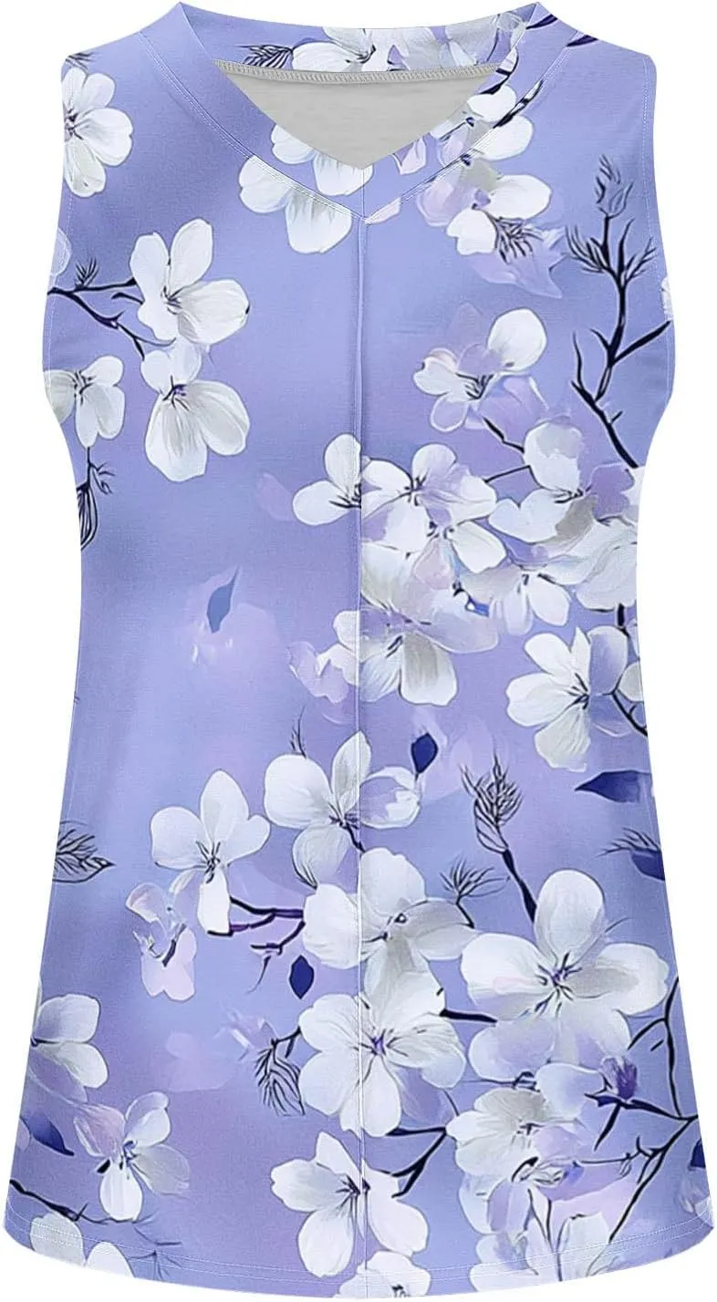 Boho Floral Tank Top for Women Sleeveless V Neck Summer Casual Loose Fit Printed Camisole Blouse with Side Split