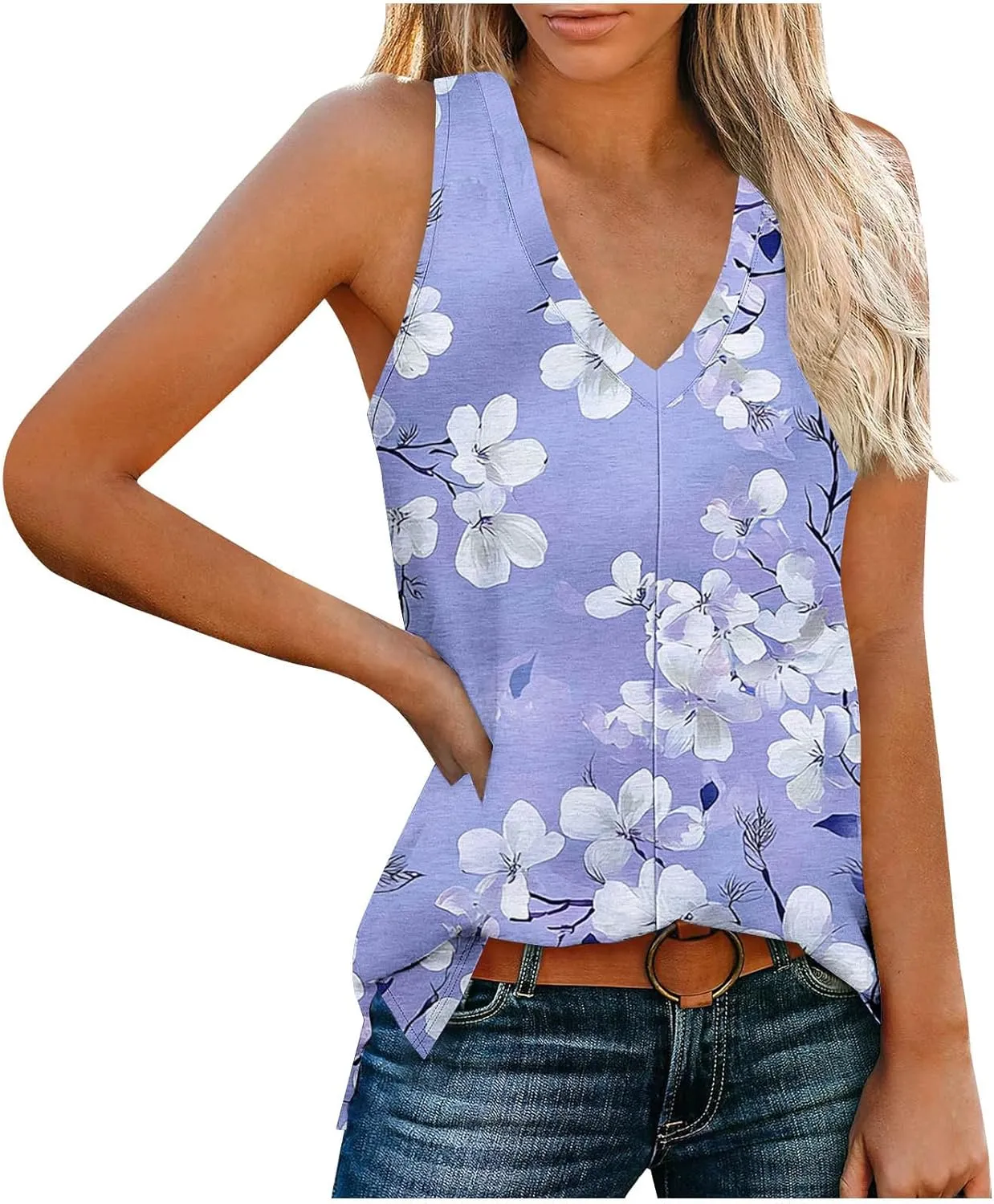 Boho Floral Tank Top for Women Sleeveless V Neck Summer Casual Loose Fit Printed Camisole Blouse with Side Split