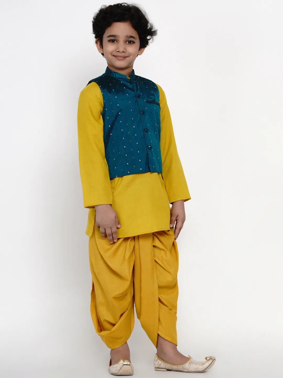 Boy's Yellow & Sea Green Dhoti Kurta Set for Boys with Jacket - NOZ2TOZ KIDS
