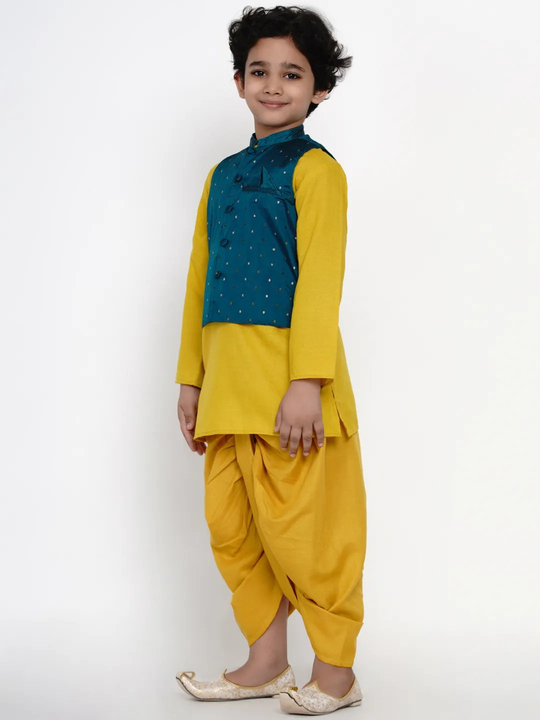 Boy's Yellow & Sea Green Dhoti Kurta Set for Boys with Jacket - NOZ2TOZ KIDS
