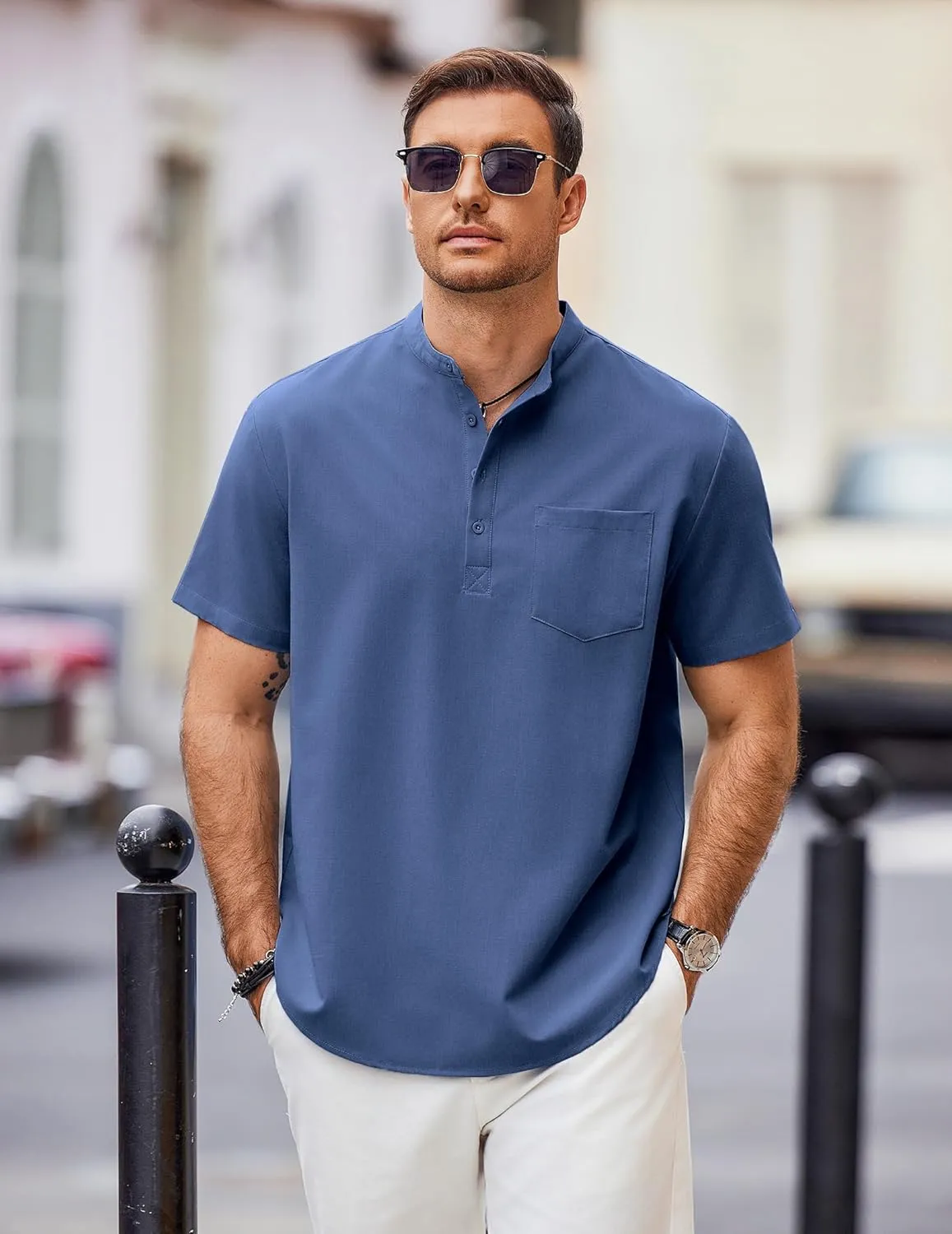 COOFANDY Mens Casual Henley Shirts Band Collar Short Sleeve T-Shirts Summer Stylish Beach Hippie Shirt