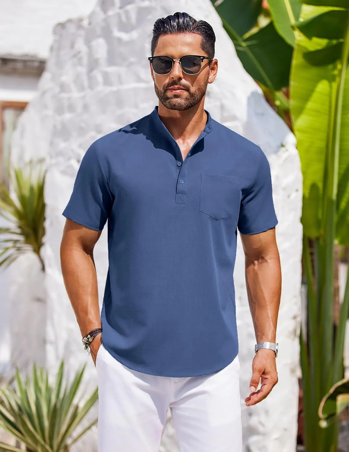 COOFANDY Mens Casual Henley Shirts Band Collar Short Sleeve T-Shirts Summer Stylish Beach Hippie Shirt