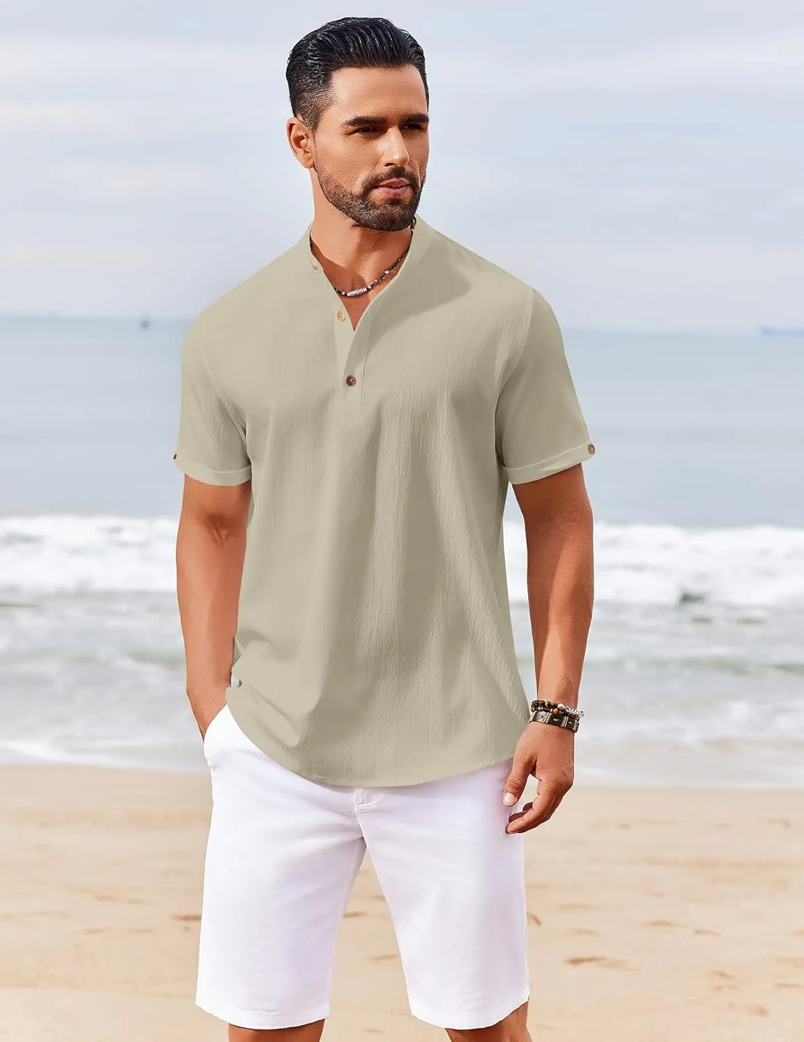 COOFANDY Men's Casual Henley Shirts Short Sleeve Summer Beach T-Shirts Banded Collar Henleys Button Tee Shirt
