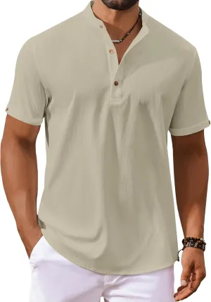COOFANDY Men's Casual Henley Shirts Short Sleeve Summer Beach T-Shirts Banded Collar Henleys Button Tee Shirt
