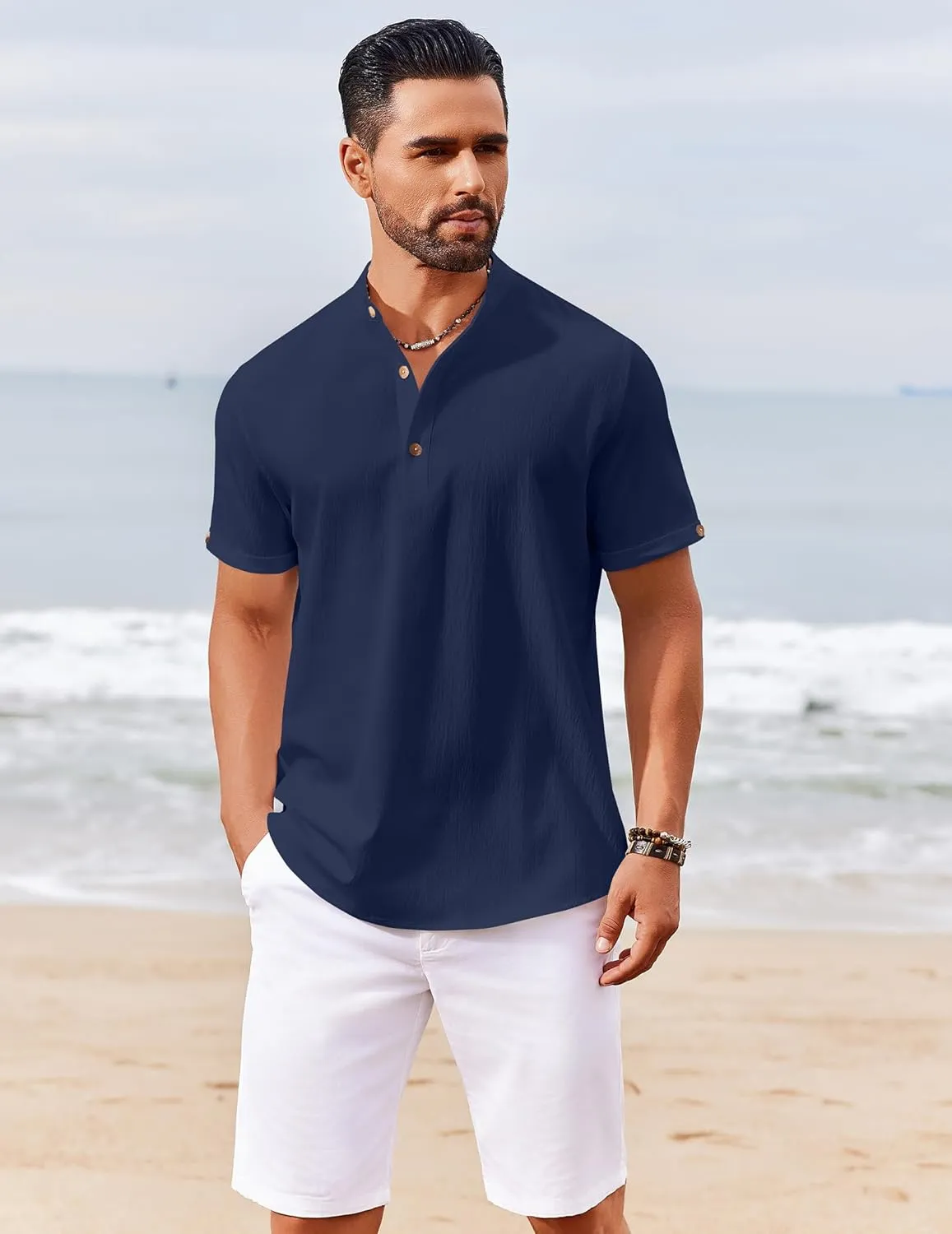 COOFANDY Men's Casual Henley Shirts Short Sleeve Summer Beach T-Shirts Banded Collar Henleys Button Tee Shirt