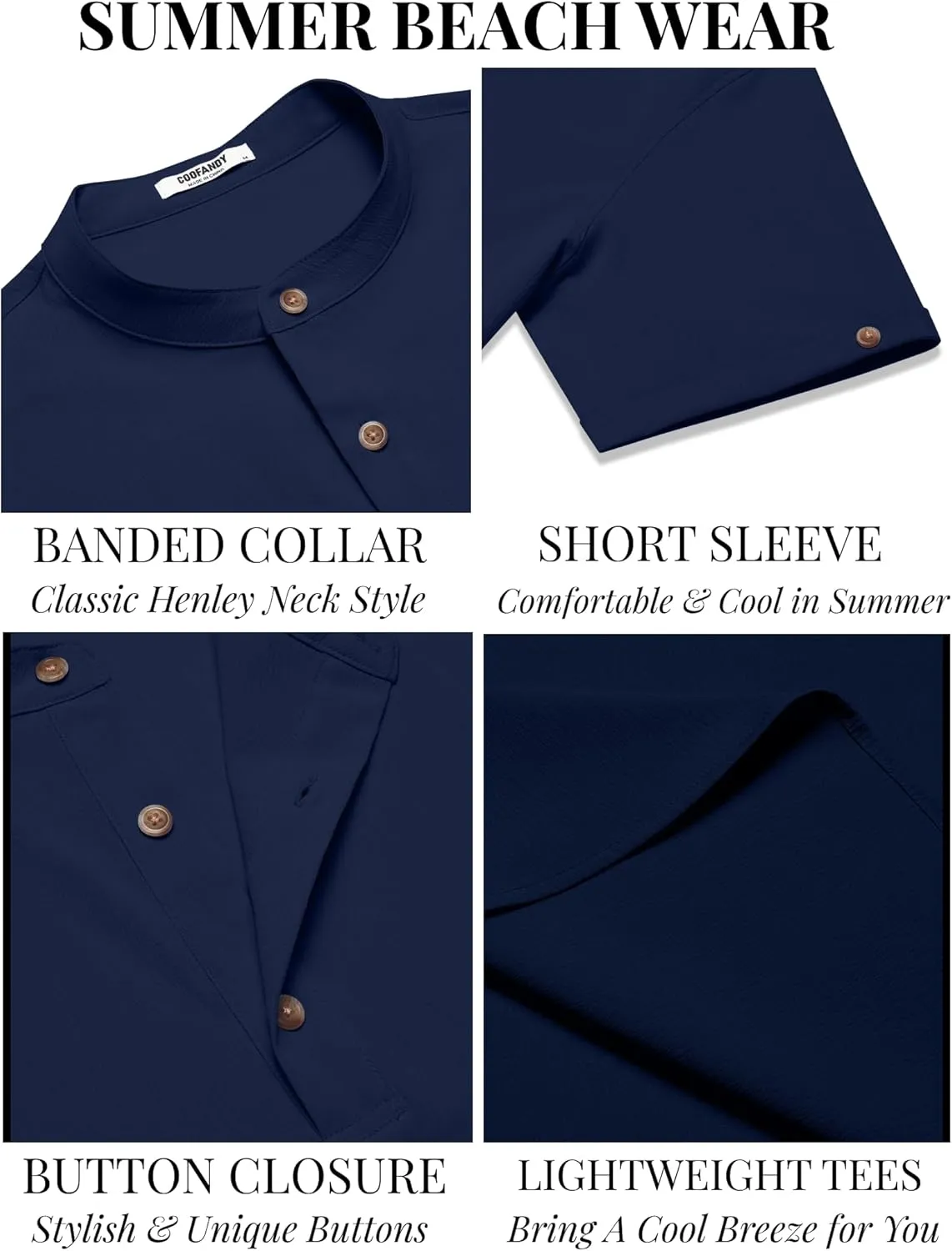 COOFANDY Men's Casual Henley Shirts Short Sleeve Summer Beach T-Shirts Banded Collar Henleys Button Tee Shirt