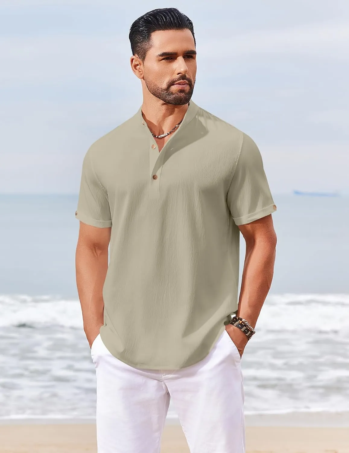 COOFANDY Men's Casual Henley Shirts Short Sleeve Summer Beach T-Shirts Banded Collar Henleys Button Tee Shirt