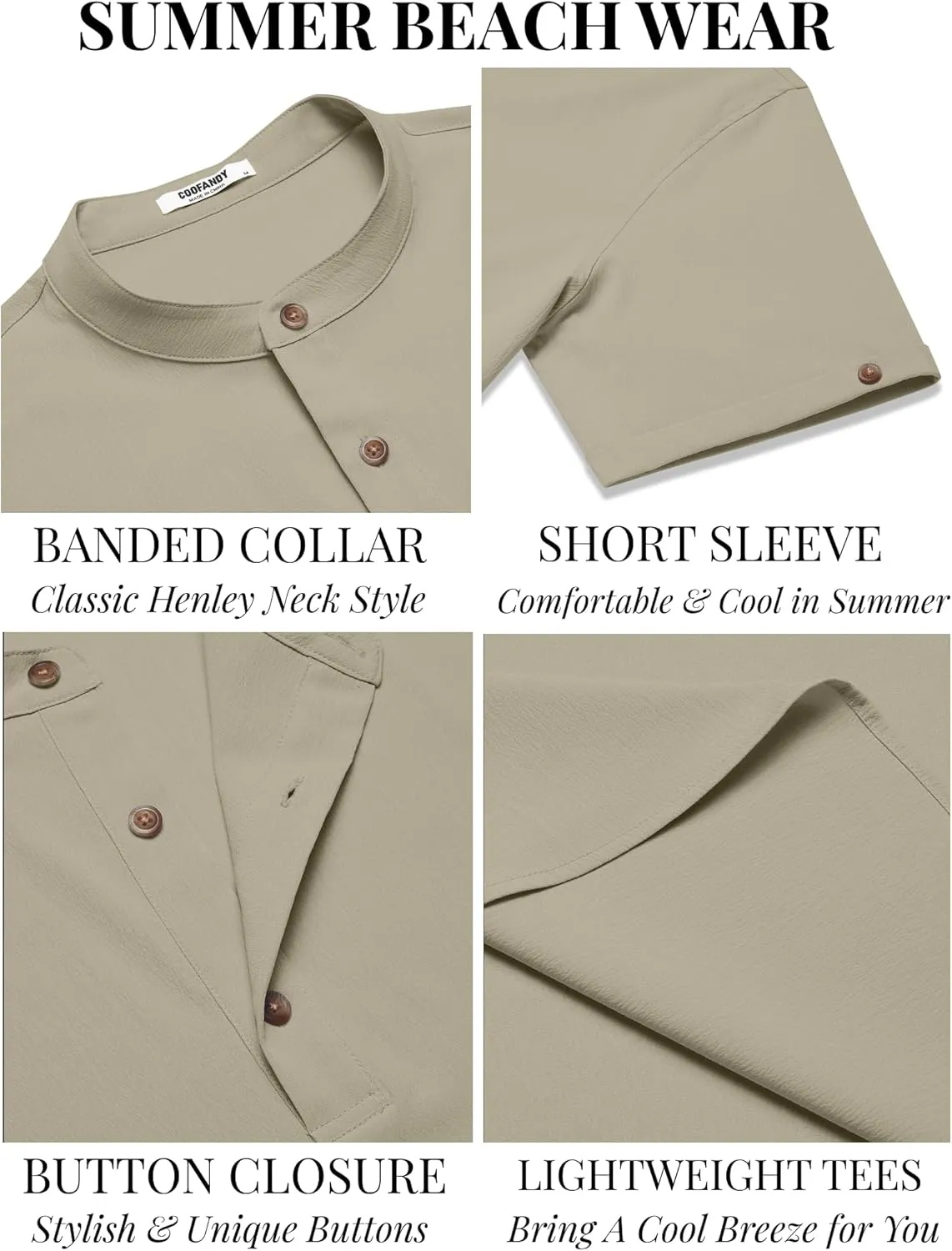 COOFANDY Men's Casual Henley Shirts Short Sleeve Summer Beach T-Shirts Banded Collar Henleys Button Tee Shirt