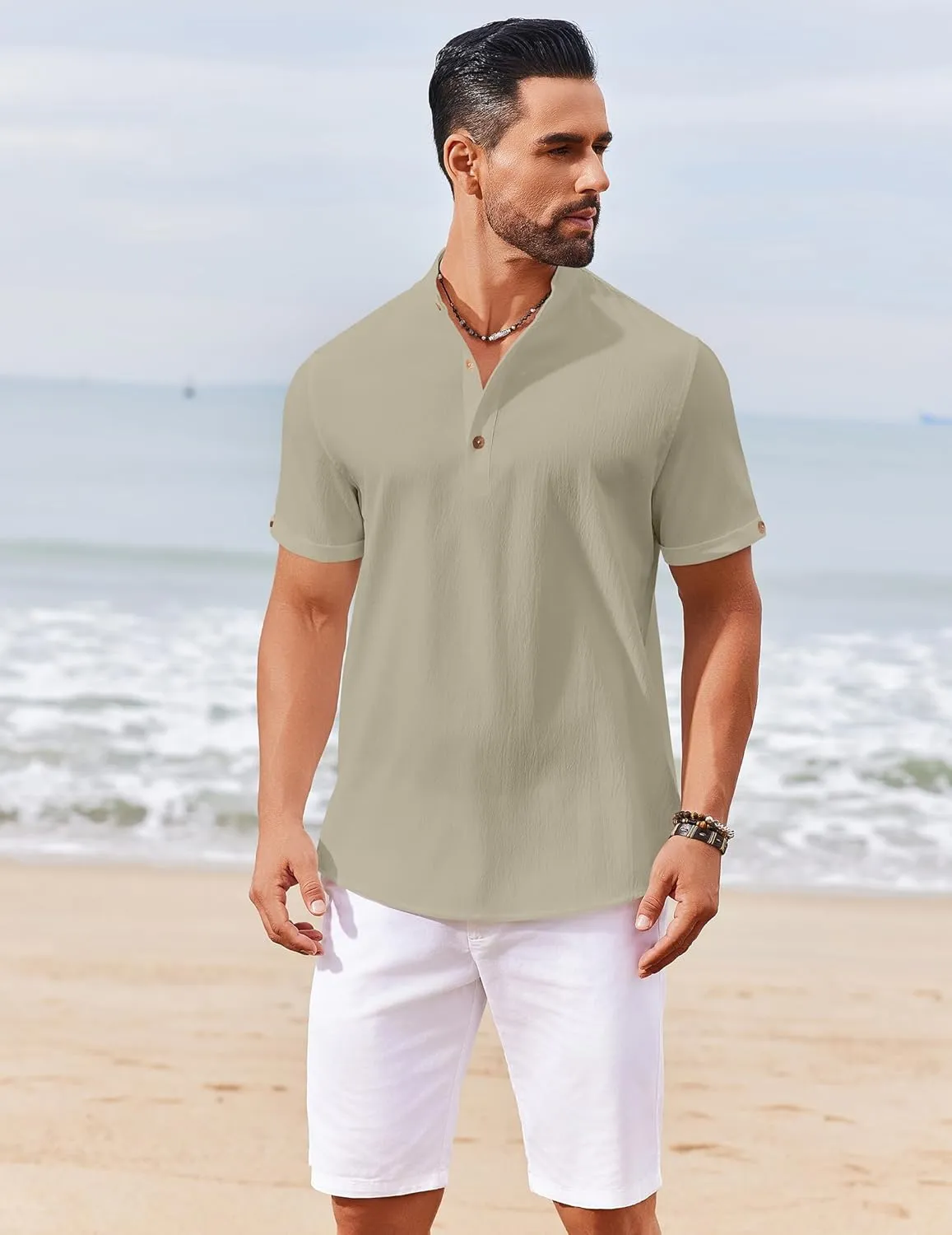 COOFANDY Men's Casual Henley Shirts Short Sleeve Summer Beach T-Shirts Banded Collar Henleys Button Tee Shirt