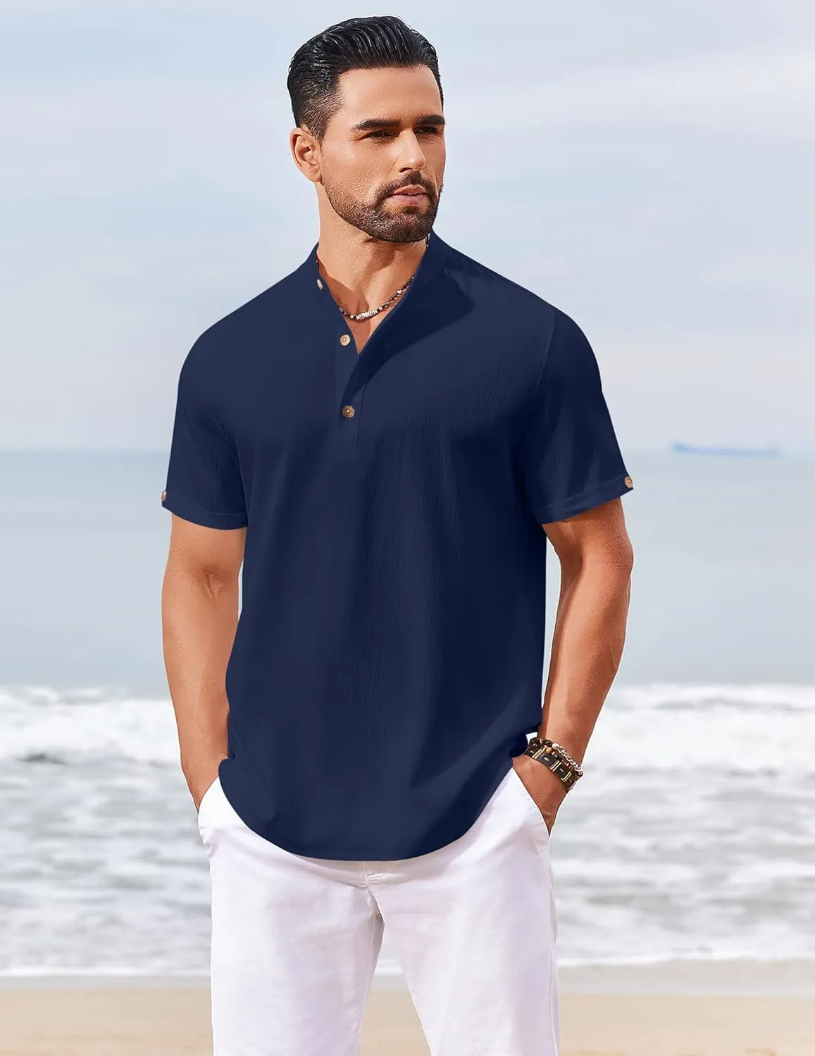 COOFANDY Men's Casual Henley Shirts Short Sleeve Summer Beach T-Shirts Banded Collar Henleys Button Tee Shirt