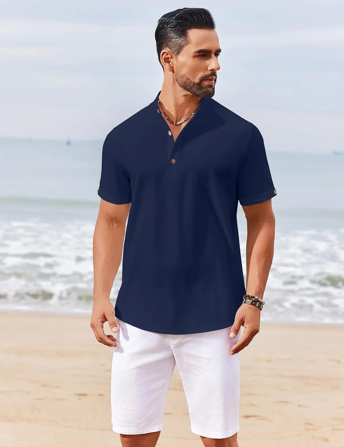 COOFANDY Men's Casual Henley Shirts Short Sleeve Summer Beach T-Shirts Banded Collar Henleys Button Tee Shirt