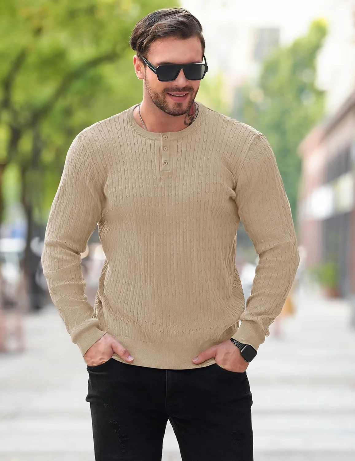 COOFANDY Men's Knit Henley Sweater Long Sleeve Button Down Fall Sweaters and Pullovers