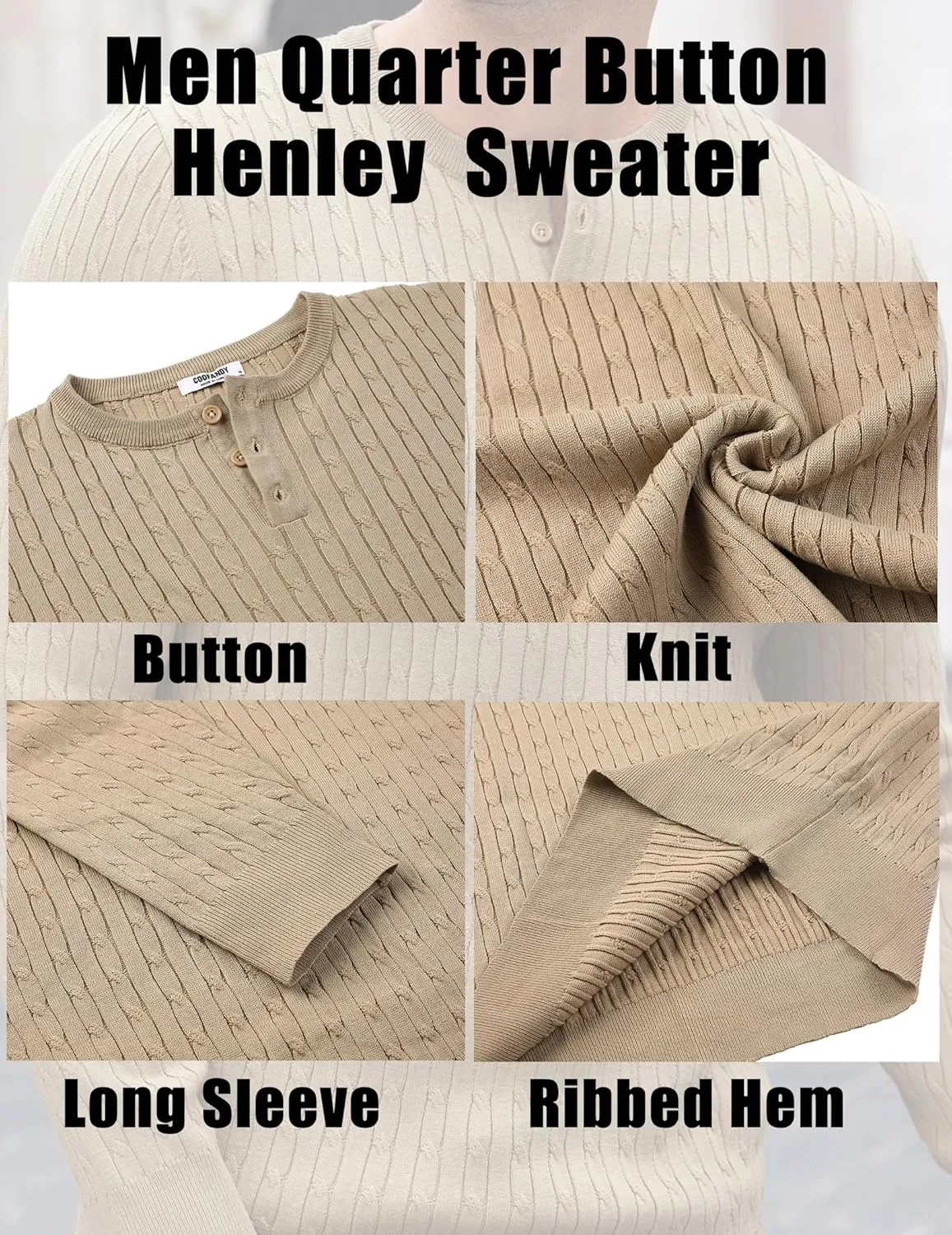 COOFANDY Men's Knit Henley Sweater Long Sleeve Button Down Fall Sweaters and Pullovers