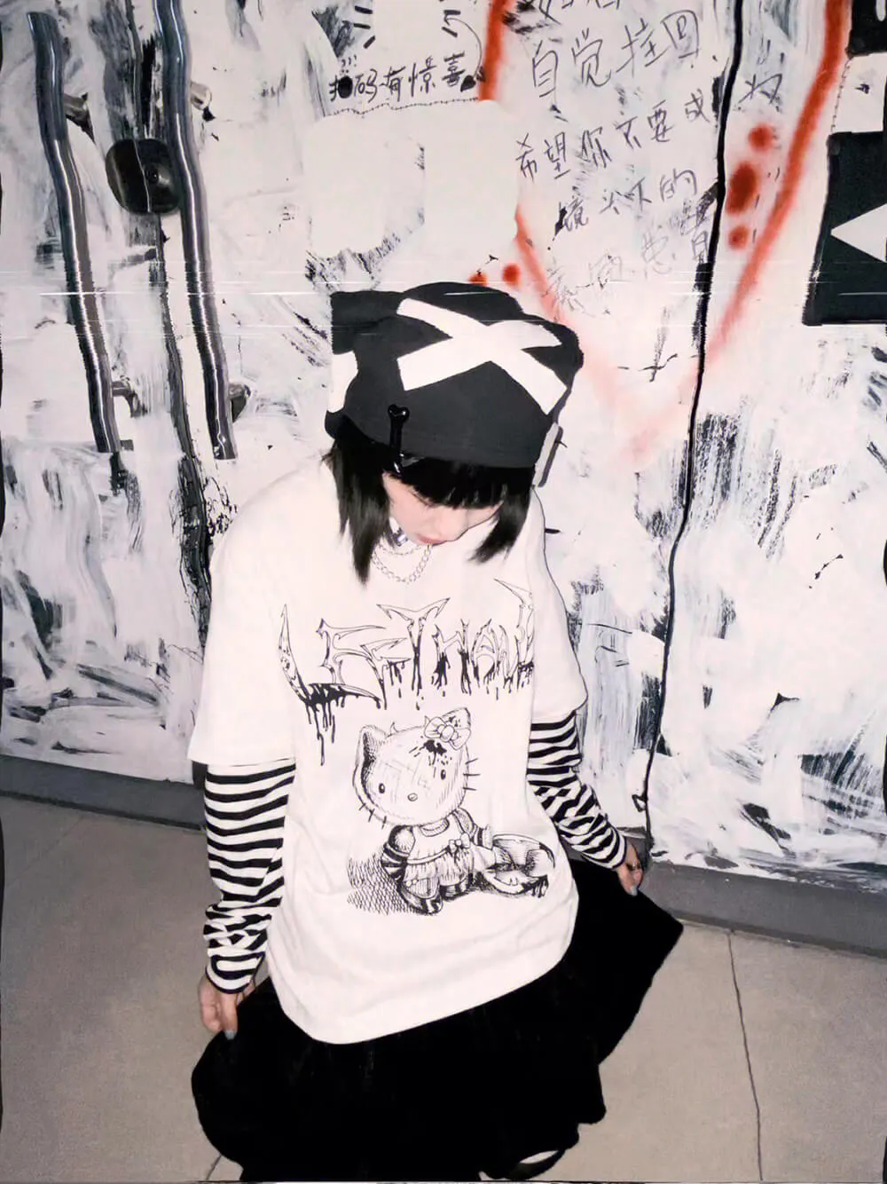 Hello Kitty Print Striped Sleeve Combo Tee