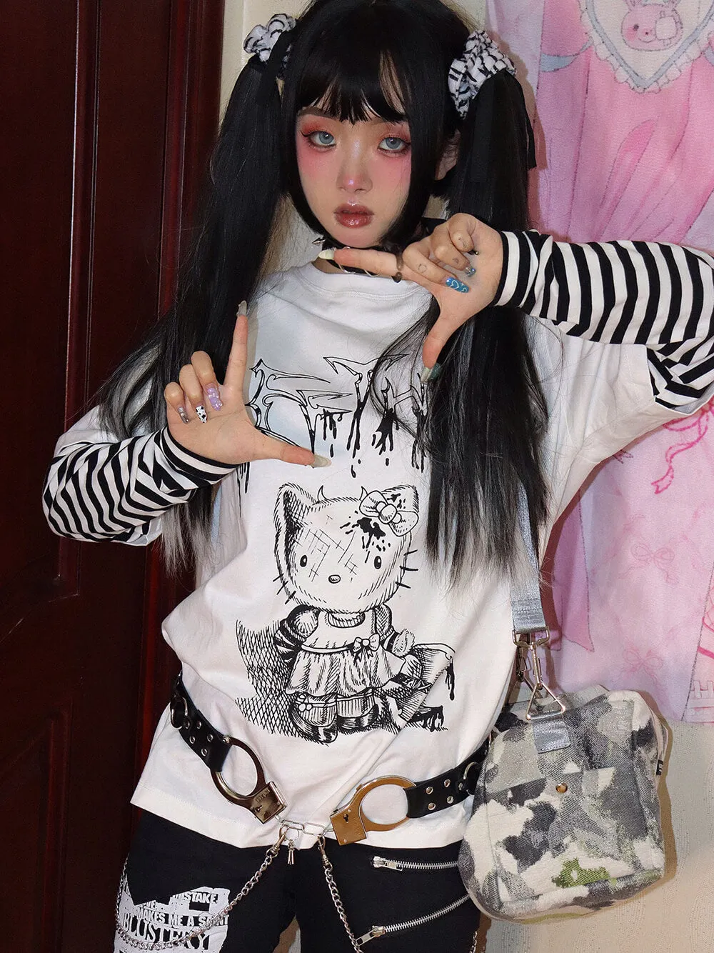 Hello Kitty Print Striped Sleeve Combo Tee
