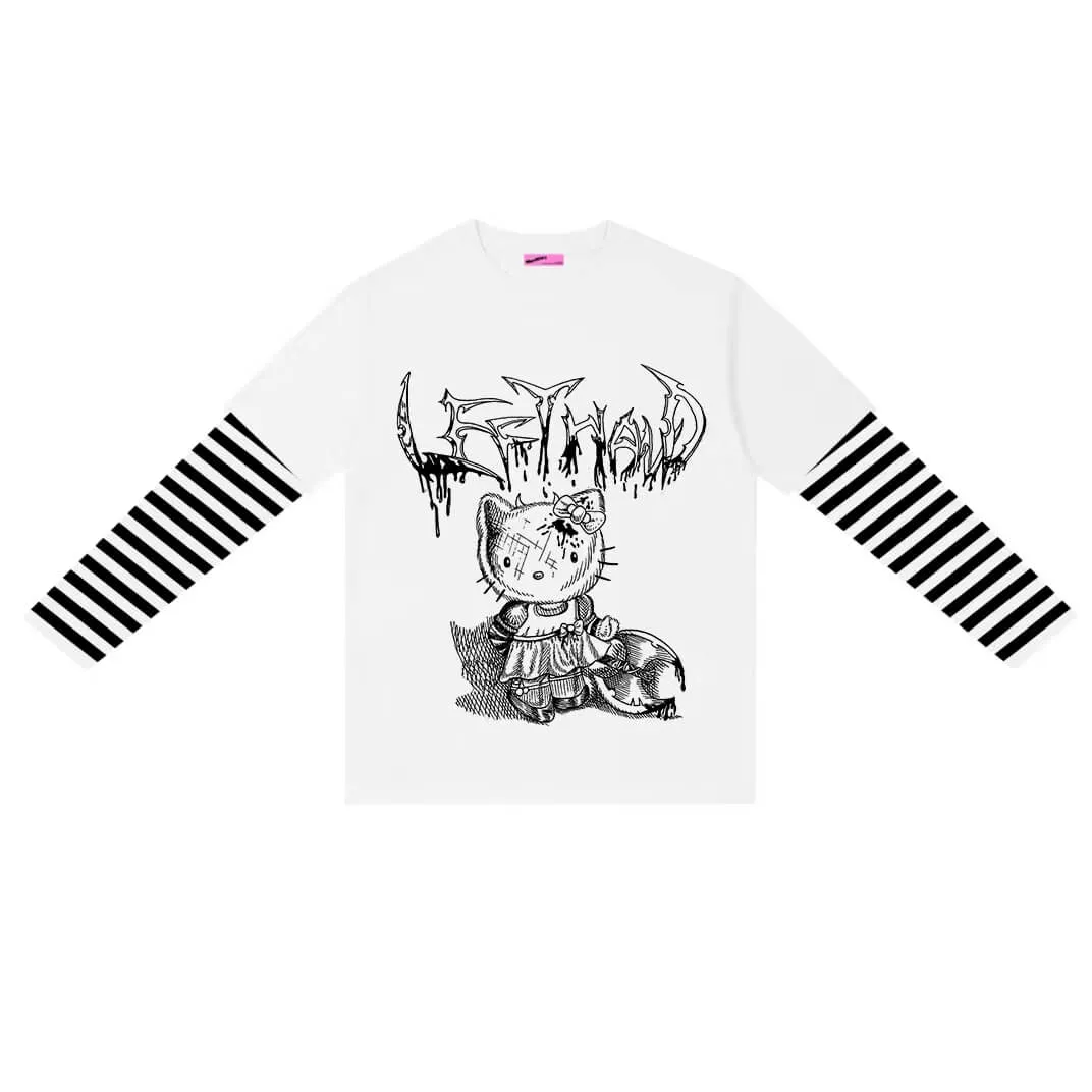 Hello Kitty Print Striped Sleeve Combo Tee