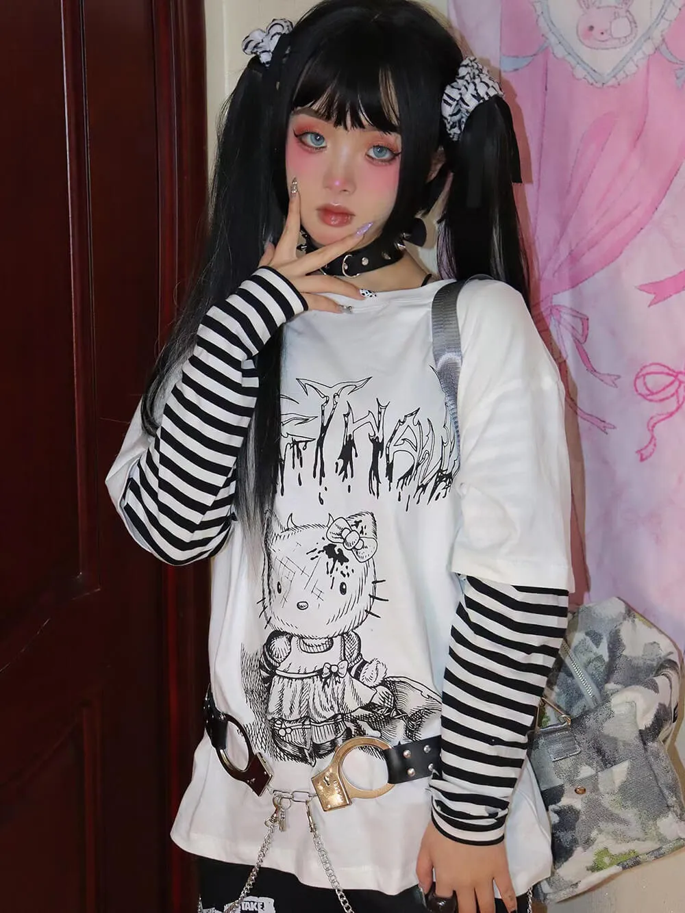 Hello Kitty Print Striped Sleeve Combo Tee