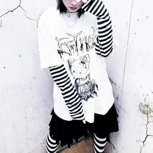 Hello Kitty Print Striped Sleeve Combo Tee