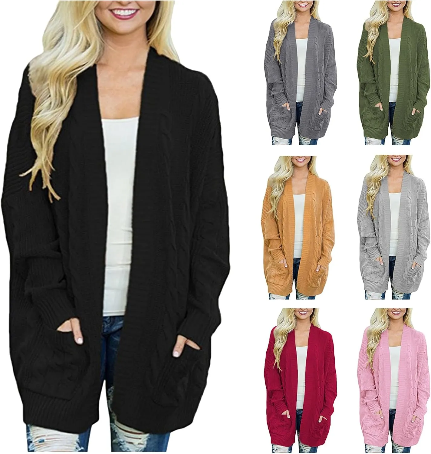 Long Cardigan Sweaters for Women Open Front Long Sleeve Cardigans Chunky Knitted Sweaters Outwear with Pockets