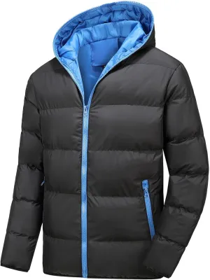 Mens Color Block Puffer Jacket Lightweight Hooded Down Coat Quilted Insulated Jacket Zip up Padded Coat Winter Ouwear