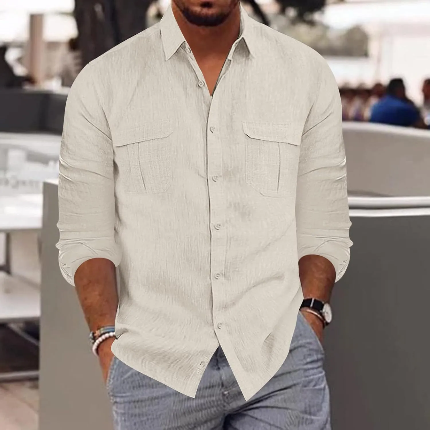 Men's Long Sleeve Casual Button Down Linen Shirts Striped Henley Shirt Untucked Shirts for Men Trendy Dress Shirt