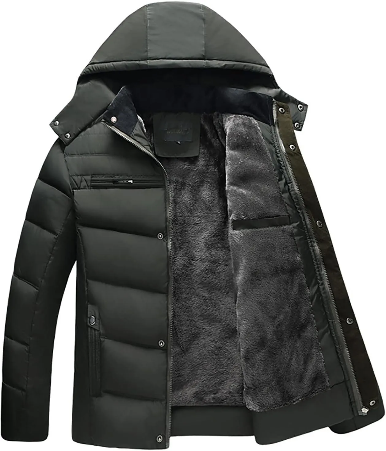 Men's Puffer Jacket Fleece Lined Down Coat Windproof Parka Hooded Quilted Coat Zip up Padded Coat Warm Winter Jacket