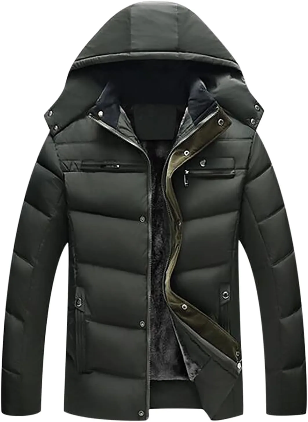 Men's Puffer Jacket Fleece Lined Down Coat Windproof Parka Hooded Quilted Coat Zip up Padded Coat Warm Winter Jacket