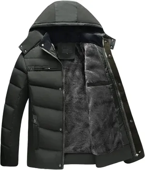 Men's Puffer Jacket Fleece Lined Down Coat Windproof Parka Hooded Quilted Coat Zip up Padded Coat Warm Winter Jacket
