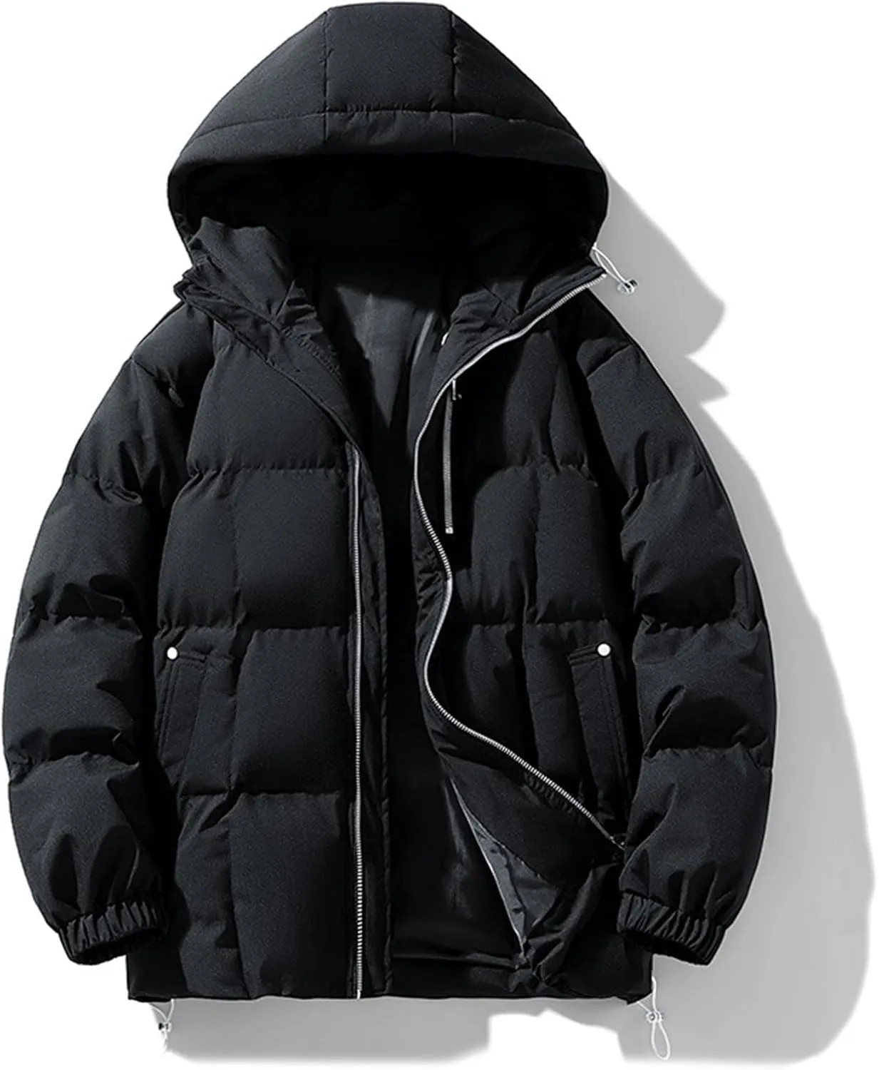 Mens Puffer Jacket with Hood Lightweight Full Zip Plus Size Warm Down Jacket Long Sleeve Casual Padded Warm Winter Coats