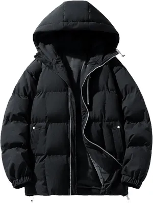 Mens Puffer Jacket with Hood Lightweight Full Zip Plus Size Warm Down Jacket Long Sleeve Casual Padded Warm Winter Coats