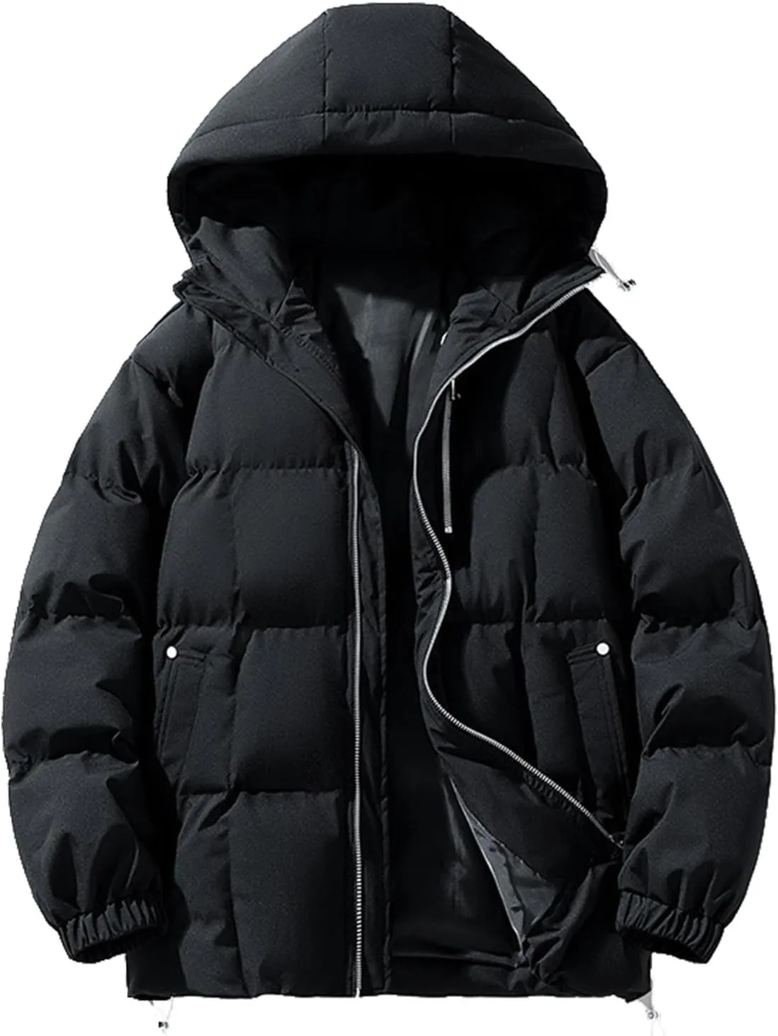 Mens Puffer Jacket with Hood Lightweight Full Zip Plus Size Warm Down Jacket Long Sleeve Casual Padded Warm Winter Coats