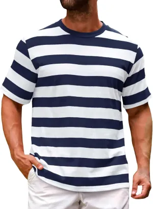 Men's Short Sleeve T-Shirts Trendy Striped Color Block Crew Neck Summer Casual Tops Regular Fit Base Layer Cotton Tees