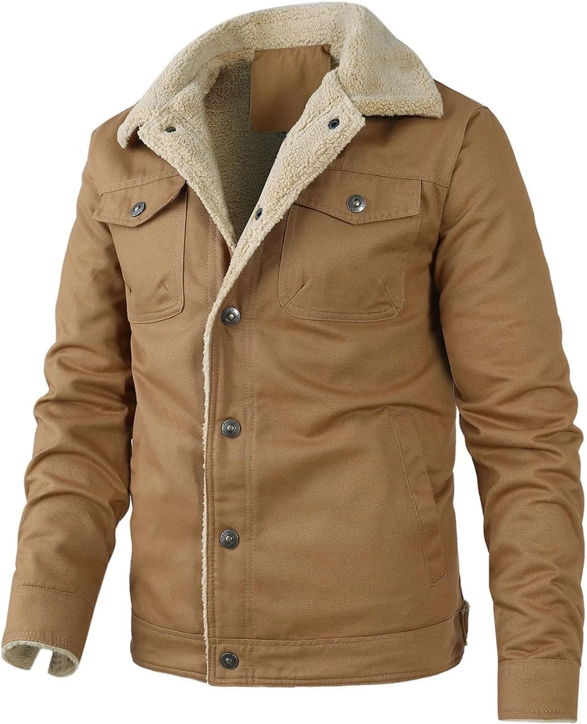 Mens Winter Jacket Warm Fleece Lined Jacket Sherpa Turn-Down Collar Jacket Solid Color Thick Outdoor Coats