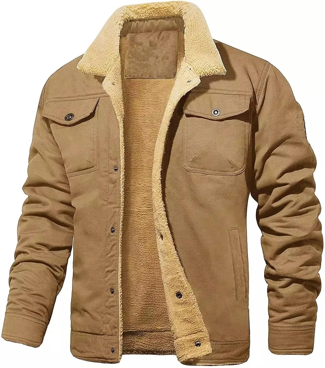 Mens Winter Jacket Warm Fleece Lined Jacket Sherpa Turn-Down Collar Jacket Solid Color Thick Outdoor Coats