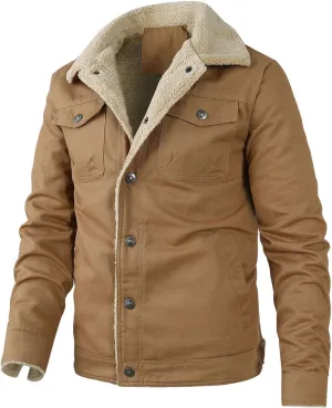 Mens Winter Jacket Warm Fleece Lined Jacket Sherpa Turn-Down Collar Jacket Solid Color Thick Outdoor Coats