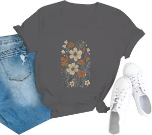 Miyaomn 2025 Floral T Shirts for Women Casual Wildflower Graphic Tees Vintage Boho Short Sleeve Blouses Plus Size Summer Tops
