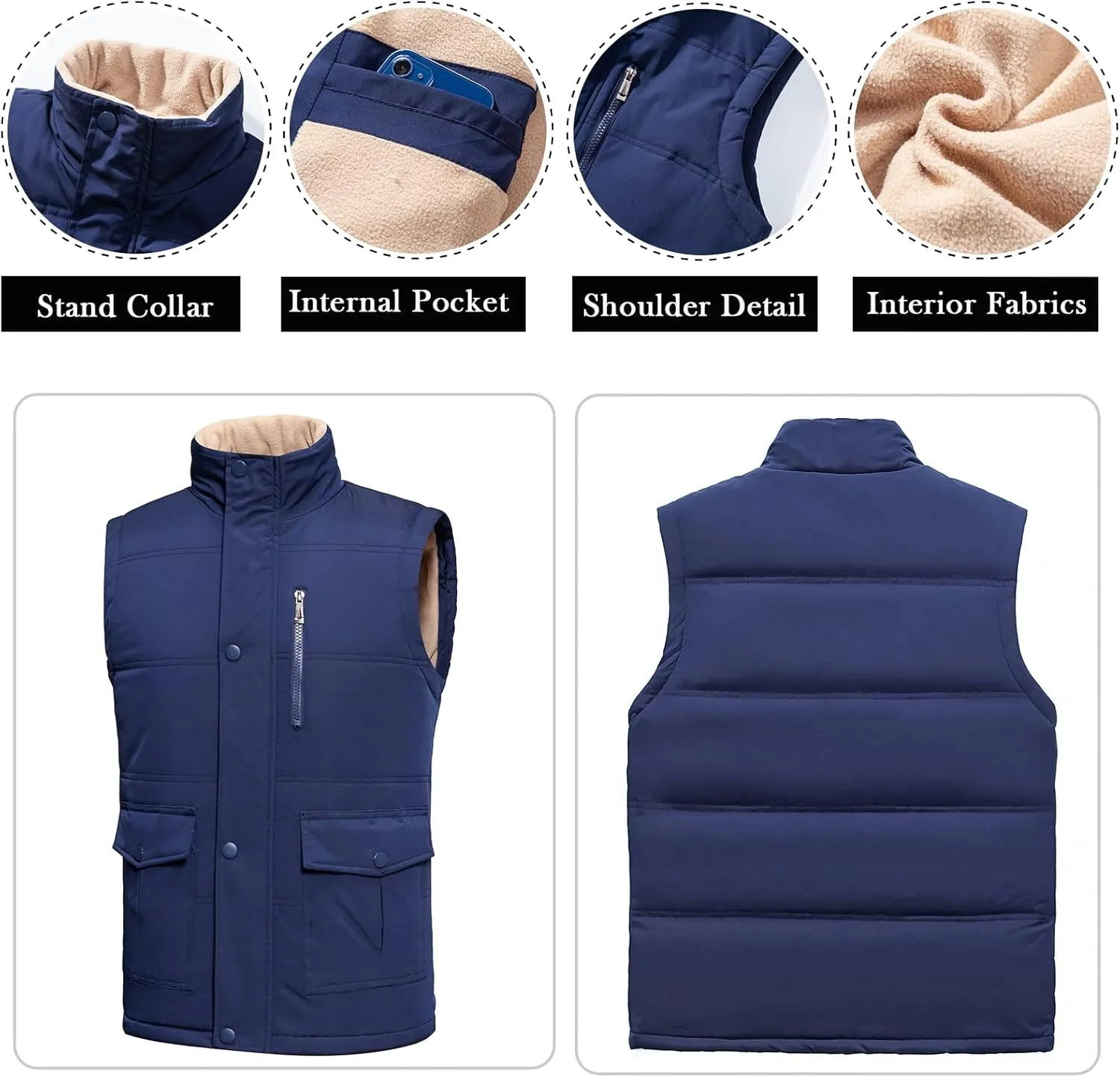 Msmsse Men's Winter Outerwear Vests Puffer Fleece Lined Quilted Vest Casual Sleeveless Jacket
