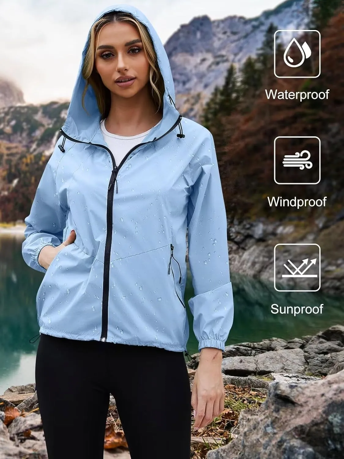 PITINAN Rain Jacket Women Lightweight Jacket With Hood Waterproof Packable Raincoat with Pockets S-XXL