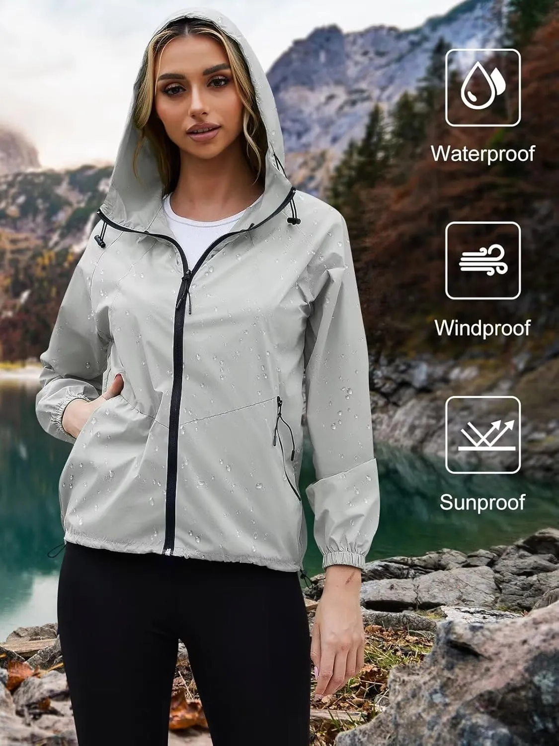 PITINAN Rain Jacket Women Lightweight Jacket With Hood Waterproof Packable Raincoat with Pockets S-XXL