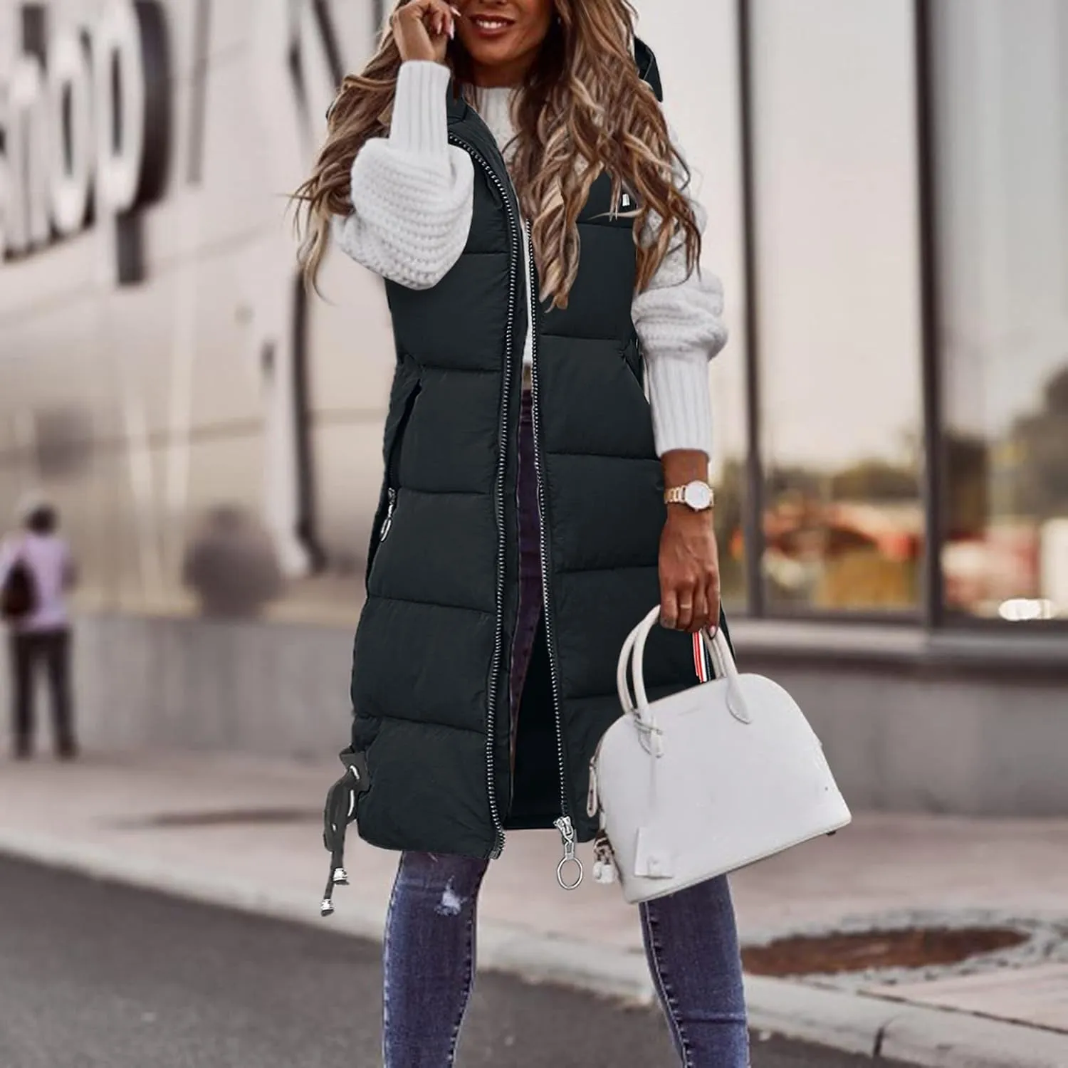 Puffer Vest for Women Long Hooded Sleeveless Vests Outerwear Down Jacket Quilted Full-Zip Winter Coat Outdoor