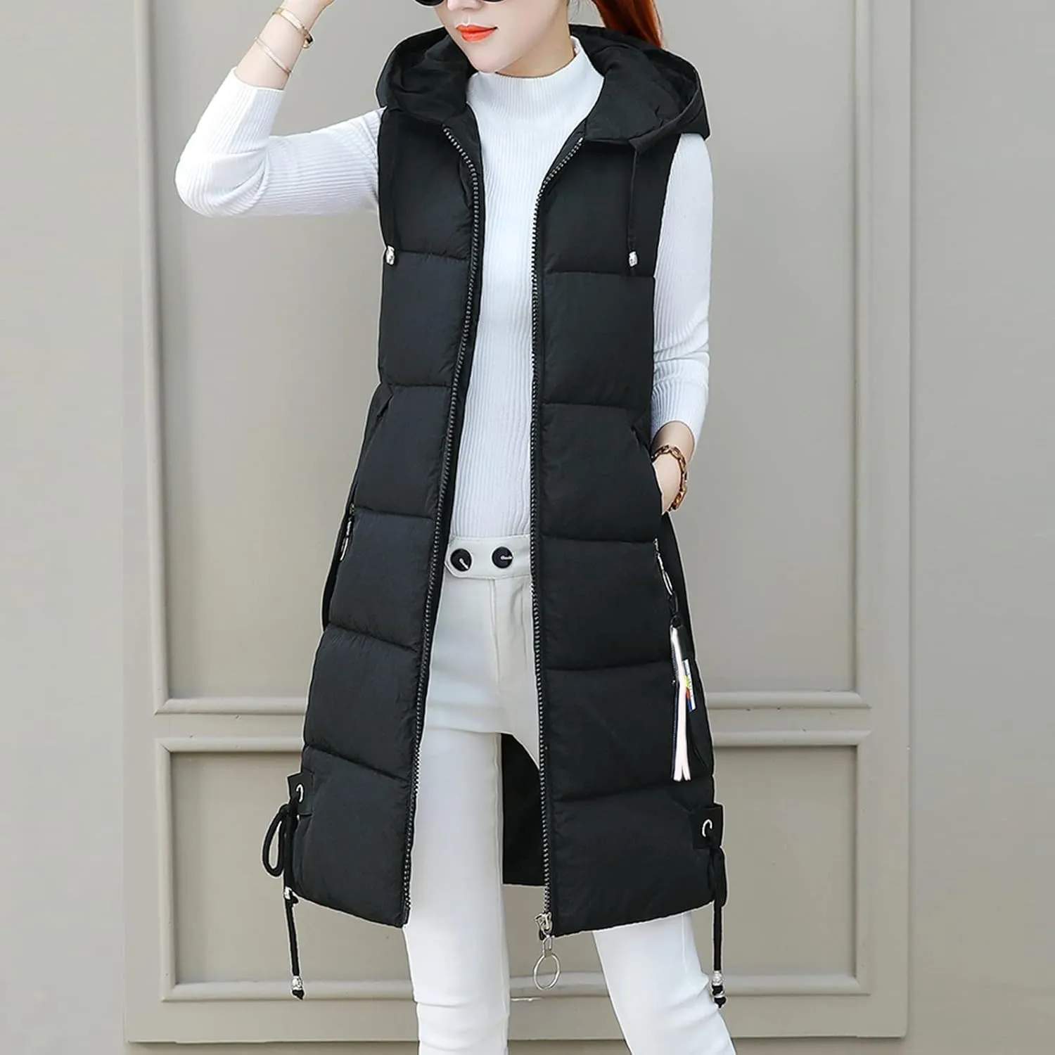 Puffer Vest for Women Long Hooded Sleeveless Vests Outerwear Down Jacket Quilted Full-Zip Winter Coat Outdoor
