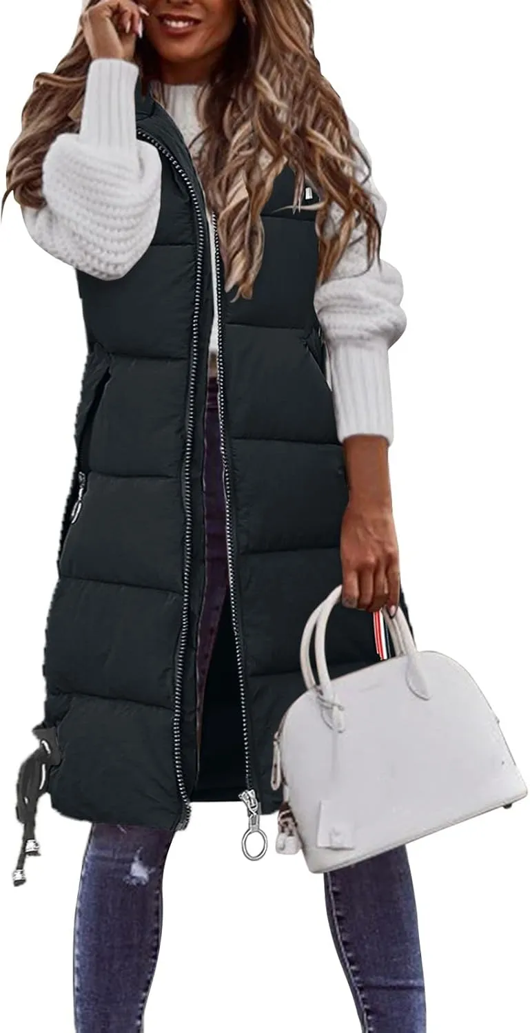 Puffer Vest for Women Long Hooded Sleeveless Vests Outerwear Down Jacket Quilted Full-Zip Winter Coat Outdoor