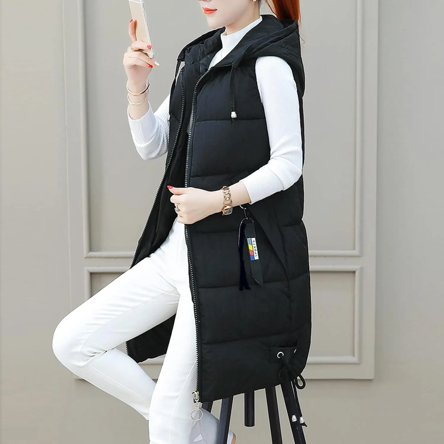 Puffer Vest for Women Long Hooded Sleeveless Vests Outerwear Down Jacket Quilted Full-Zip Winter Coat Outdoor