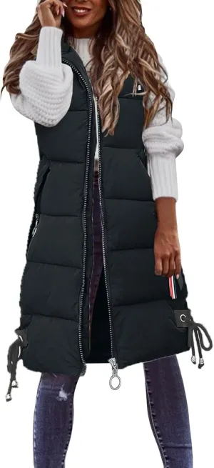 Puffer Vest for Women Long Hooded Sleeveless Vests Outerwear Down Jacket Quilted Full-Zip Winter Coat Outdoor